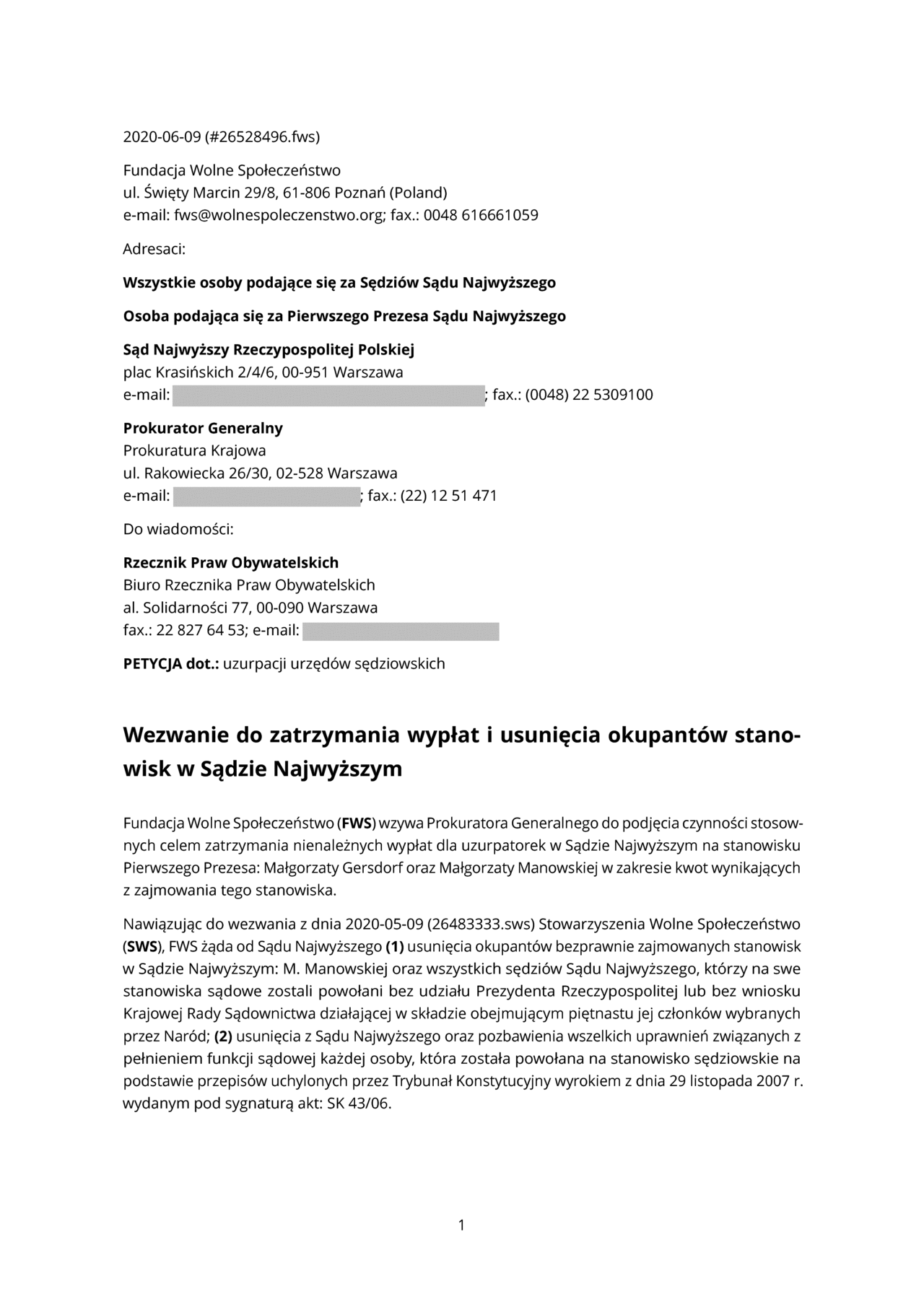 Petycja, s. 1.